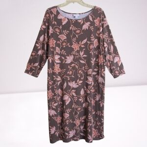 J Jill Floral Vine Print Shift Dress Brown Orange 3/4 Sleeves Stretchy Pockets
